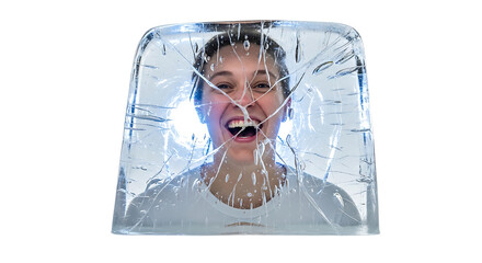 A womans face frozen inside a block of ice, with a surprised or excited expression, isolated transparent, symbolizing shock or being stuck