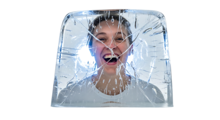 A womans face frozen inside a block of ice, with a surprised or excited expression, isolated transparent, symbolizing shock or being stuck