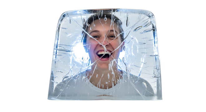 A womans face frozen inside a block of ice, with a surprised or excited expression, isolated transparent, symbolizing shock or being stuck
