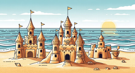 Obraz premium A whimsical sandcastle complex on a sunny beach, featuring multiple towers, flags, and intricate details, with the ocean and sun in the background