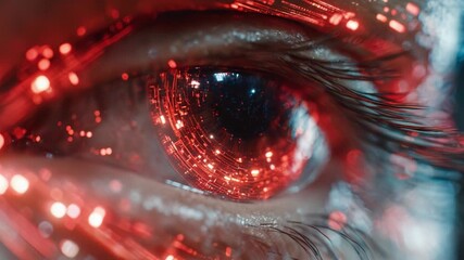Extreme close up of a human eye with a red digital interface, showing data processing and artificial intelligence concepts representing future technology, biometrics, and augmented reality - Powered by Adobe