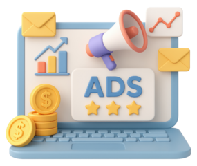 Laptop screen showing advertising concepts with coins and envelopes computer marketing isolated on a transparent background