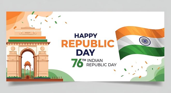 Happy Republic Day Celebration &ndash; Social Media Header Banner Template for 76th Indian Republic Day, Featuring Tricolor Theme, Ashoka Chakra, and Patriotic Elements in Festive Background Design