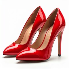 A stunning pair of glossy red stiletto high heels. Classic pointed-toe pumps representing sophisticated fashion and feminine elegance on a white background