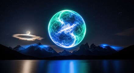 A vibrant, ethereal blue and green orb with a glowing, electric-like effect, floating above a serene, starry night sky with a mountain range and a calm body of water in the foreground.