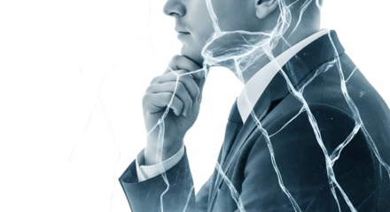 Closeup profile of a man in a suit, deep in thought, with a fractured, crystalline ice pattern superimposed over his face and head, isolated transparent