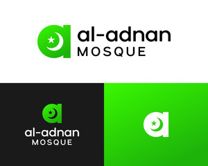 Letter a monogram Al-Adnan Mosque Logo with Crescent Moon and Star
