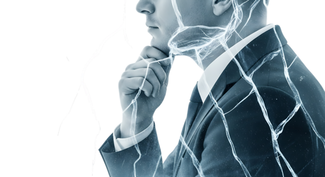 Closeup profile of a man in a suit, deep in thought, with a fractured, crystalline ice pattern superimposed over his face and head, isolated transparent