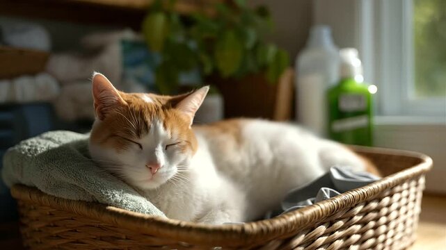 Experience the serene charm of a cat napping amidst laundry essentials in a sunlit room, captured in cinematic color and wide-angle precision.