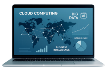 Laptop with cloud computing and big data interface showing world map and analytics on white background isolated on a transparent background
