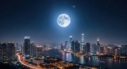 A cityscape at night with a full moon and stars in the sky, featuring tall buildings and a river.