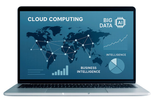Laptop with cloud computing and big data interface showing world map and analytics on white background isolated on a transparent background