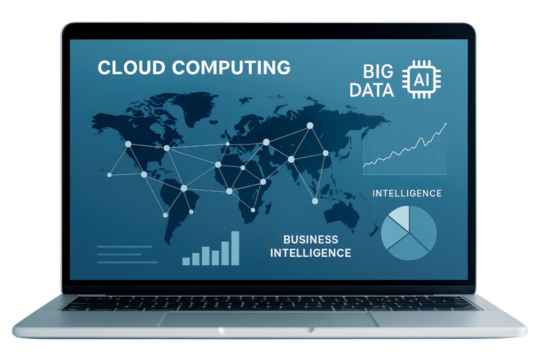 Laptop with cloud computing and big data interface showing world map and analytics on white background isolated on a transparent background - Powered by Adobe
