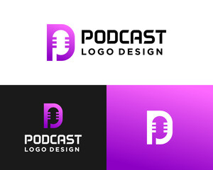 Logo design letter P monogram and podcast microphone.

