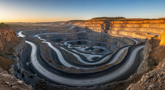 Sunrise over a Vast and Serene Industrial Quarry

A breathtaking, wide-angle shot of a massive open-pit mine during sunrise