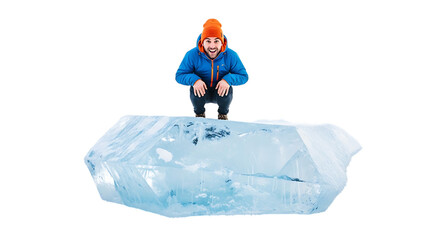 Man crouching a large block of ice, looking surprised, isolated transparent