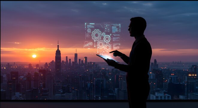 Silhouette of a businessman using a tablet with futuristic holographic interface over a city skyline at sunset