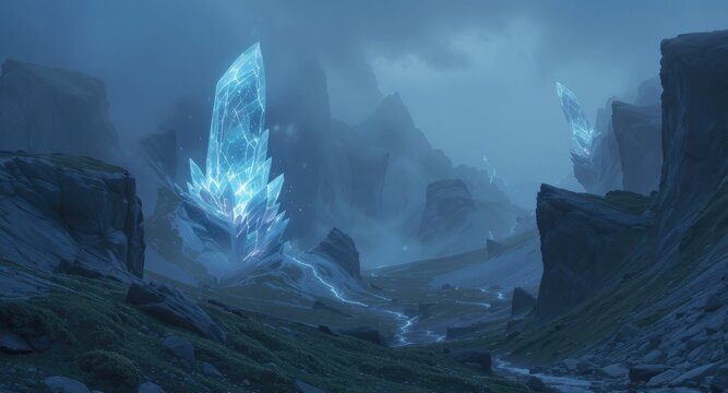 Misty mountain pass, glowing crystal