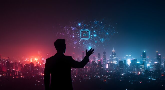 Silhouette of businessman interacting with AI network hologram over futuristic cityscape at night