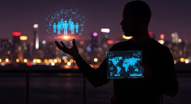 Silhouette of man holding holographic network of people and world map data on tablet at night