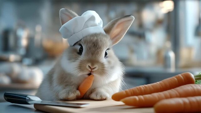 Cinematic footage of a rabbit in a chef hat nibbling carrots on a vibrant kitchen counter, perfect for professional culinary themes.