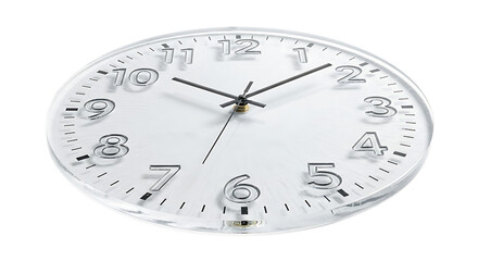 A modern, minimalist wall clock with a clear glass face and prominent silver numbers, showing the current time, isolated a transparent