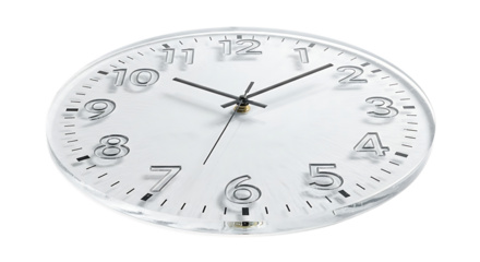 A modern, minimalist wall clock with a clear glass face and prominent silver numbers, showing the current time, isolated a transparent