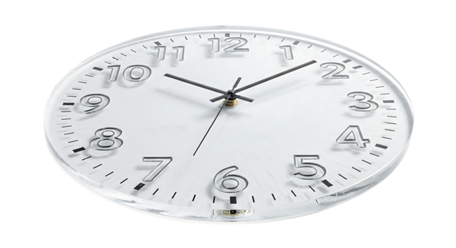 A modern, minimalist wall clock with a clear glass face and prominent silver numbers, showing the current time, isolated a transparent