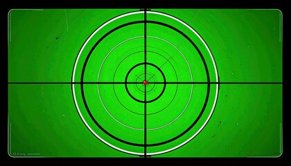 A stylized, grainy image of a gun sight or targeting reticle, set against a vibrant green background, with concentric circles and a crosshair