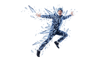 A man in a blue patterned tracksuit appears to be shattering into ice shards as he runs, isolated a transparent