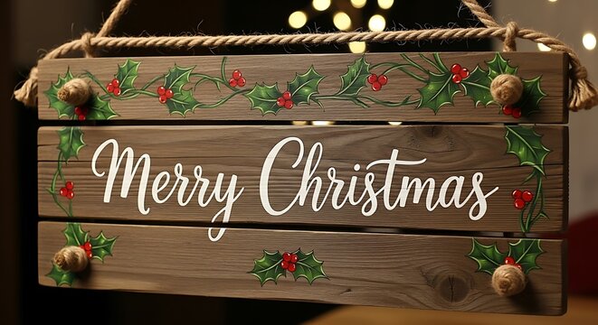 Wooden Christmas Sign with Holly Decorations and Merry Christmas Message