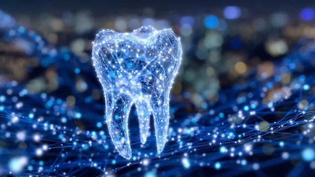 A glowing neon blue digital tooth encased in a web of interconnected lines and molecular patterns, representing cutting-edge dental innovation.