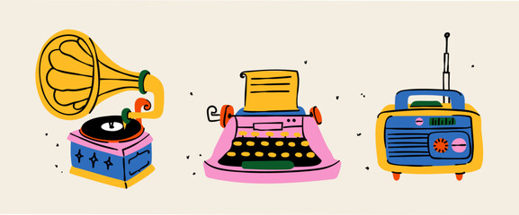 Set of retro doodle illustrations with a nostalgic vibe. This trendy art features charming vintage objects, perfect for modern design projects