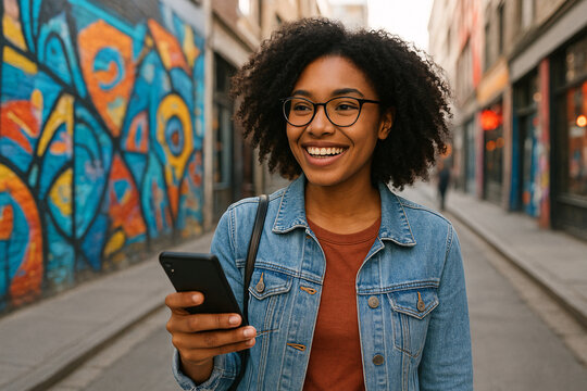A woman with curly hair is smiling and holding a cell phone