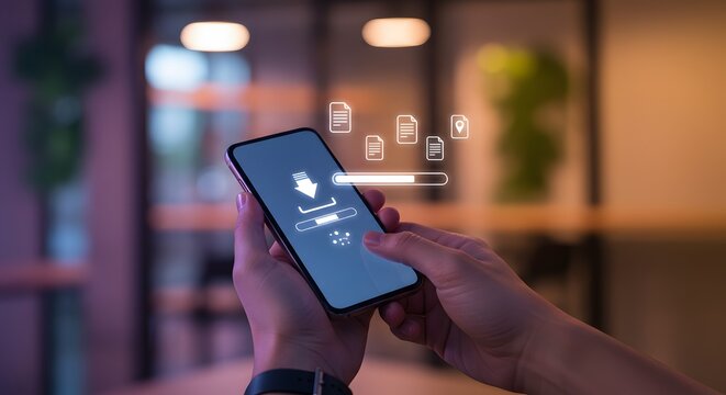 Smartphone with download progress bar and file icons, representing data transfer and technology