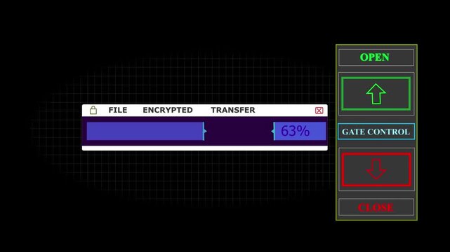 File transfer loading progres progress 0-100% technology. Document concept neon circle with animation encrypted data transfer text flickering digital interface speeds and styles on black background.