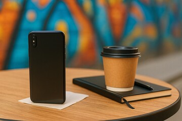A black iPhone sits on a table next to a cup of coffee and a notebook