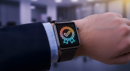 Smartwatch displaying quality certification badge, representing achievement and success