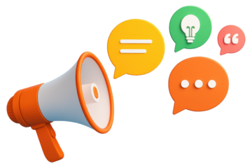 Megaphone with speech bubbles containing icons for communication and ideas on white background loudspeaker isolated on a transparent background
