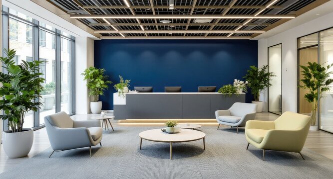 Modern office lobby with muted tones and plants - Powered by Adobe
