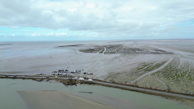 Aerial view of oyster farms at low tide near the Passage du Gois, Noirmoutier Island, France. Long rows of oyster beds and water channels create a unique landscape, showcasing traditional oyster
