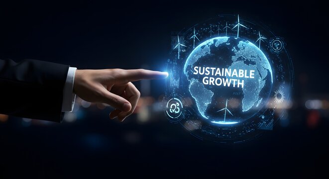 Sustainable Growth Concept: Businessman's Finger Touching Digital Earth with Wind Turbines and Renewable Energy Icons