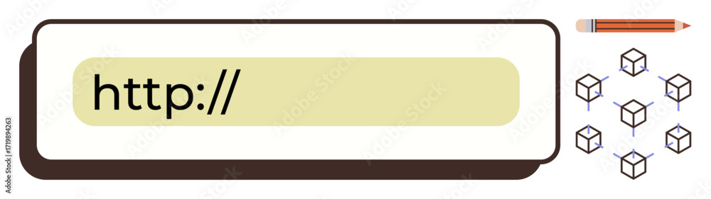 Poster browser search bar starting with http alongside a pencil and cubes. ideal for internet, web developm