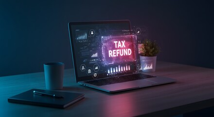 Tax Refund Concept: Laptop Displaying Financial Data and Refund Information