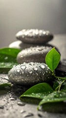 Polished stones and leaves with dew drops