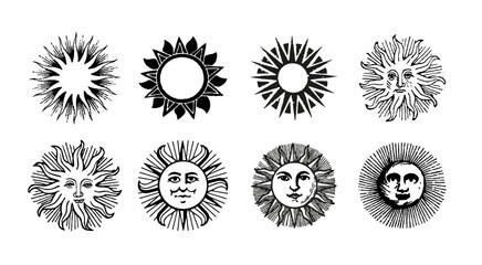 A cheerful set of hand-drawn sun with a smiling face, radiating warmth and joy in a black-and-white celestial mystic style, perfect for cosmic art