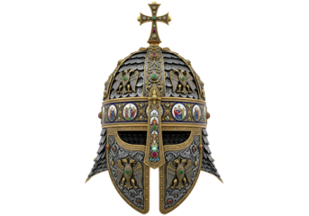 Ornate, gold-and-silver helmet with intricate, detailed carvings, featuring religious iconography and mythical eagles, presented against a stark black background.