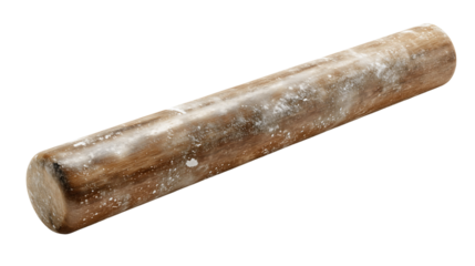 A wooden rolling pin covered in flour, a traditional kitchen utensil for baking, a tool for making dough for bread, pizza or pastry, a rustic piece of kitchenware isolated on a white background.

