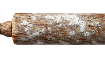 Fototapeta premium A wooden rolling pin covered in flour, a traditional kitchen utensil for baking, a tool for making dough for bread, pizza or pastry, a rustic piece of kitchenware isolated on a white background.