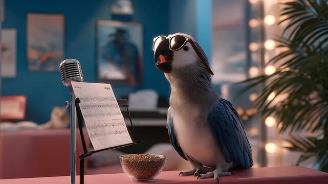Cinematic footage of a parrot in sunglasses "singing" into a toy microphone, set in a vibrant pet room with a seed bowl and music stand.